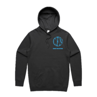 a black hoodie with a blue logo on it