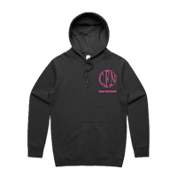 a black hoodie with a pink logo on it