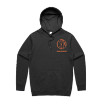 a black hoodie with an orange logo on it