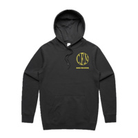 a black hoodie with a yellow logo on it